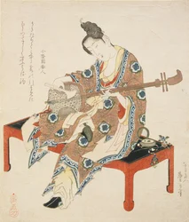 Bellezza cinese che suona lo shamisen, c.1833-34 (stampa su legno)